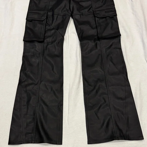 Men's Hudson Faux Leather Black Walker Kick Flare Cargo Pants New Size 30